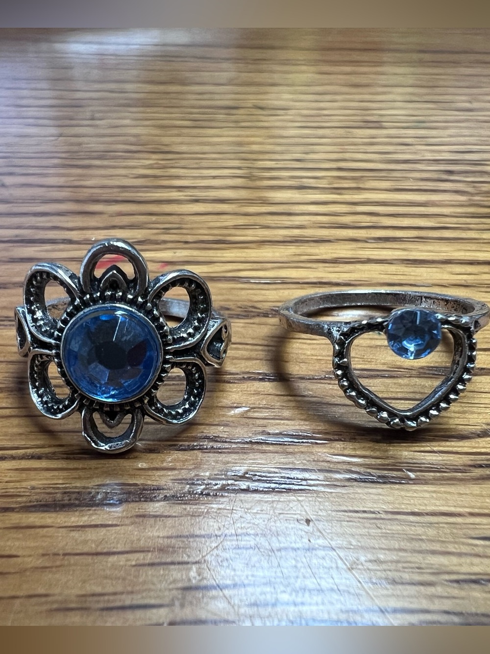 Pair of artisan rings. Blue Gemstone Floral and Heart Ring Set
